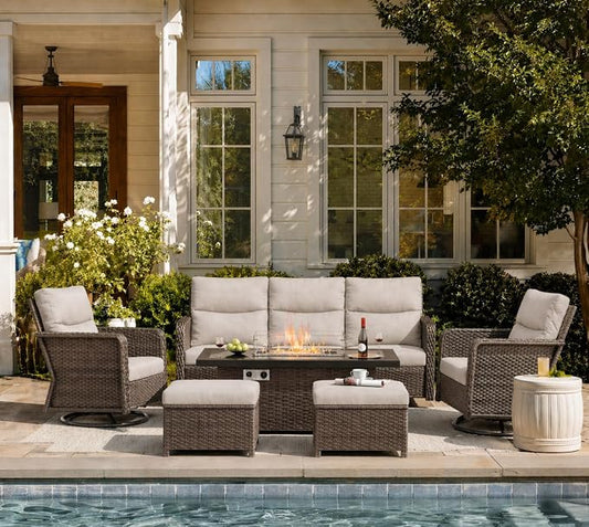 Yechen Patio Furniture Set 6 Peices with 44" Propane Gas Fire Pit Table -2 Wicker Swivel Rocking Chair, Outdoor Sectional Furniture Set with-4.3'' Cushion Conversation Sofa Set for Porch,Backyard