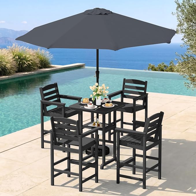 SERWALL Adirondack Bar Chairs and Table 5 Pieces Set with Umbrella, HDPE Bar Height Chairs Set of 2 and Bar Table with Ice Bucket, Outdoor Bar Stools Set for Balcony, Poolside, Backyard, Black