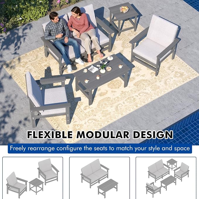 3-Piece HDPE Patio Furniture Set, All-Weather Outdoor Sectional Sofa Set with Coffee Table, Wood-Like Composite Conversation Couch for Deck, Lawn, Balcony - Grey Frame