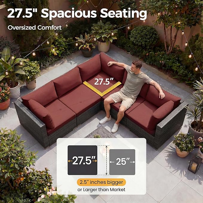NICESOUL 7 Pieces Modern Luxury 29.3'' High Back Outdoor Furniture Sofa Set, Extra Large Size Grey PE Wicker Patio Modular Sectional with Tables, All-Weather Rattan Conversations for Backyard, Wine