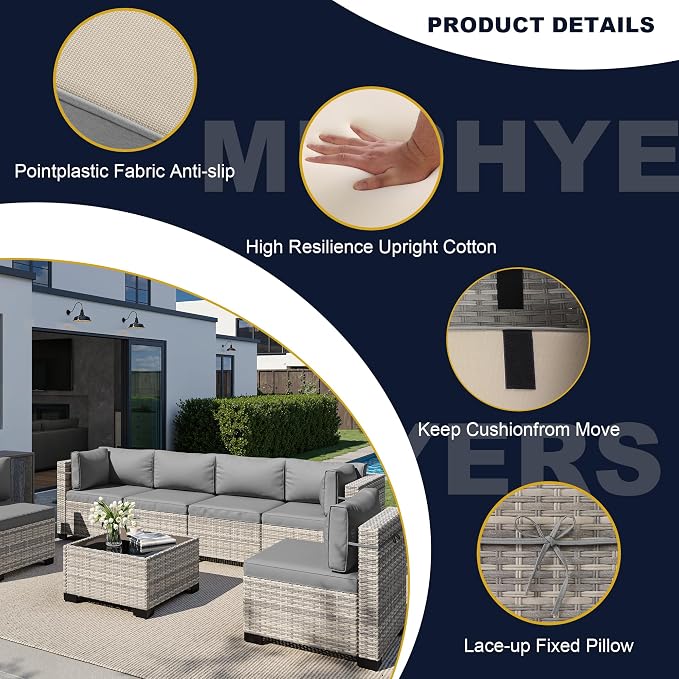 13-Piece Outdoor Patio Furniture Set with Rocking Swivel Chair, Wicker Rattan Sectional Sofa Conversation Set with Tempered Glass Table, Backyard Furniture, Grey