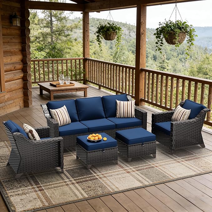 5 Pieces Patio Conversation Furniture Set - 1 Sofa, 2 Armchairs, 2 Ottomans, Outdoor Wicker Furniture with Removable Cushions for Porch, Balcony, Sunroom (Blue)