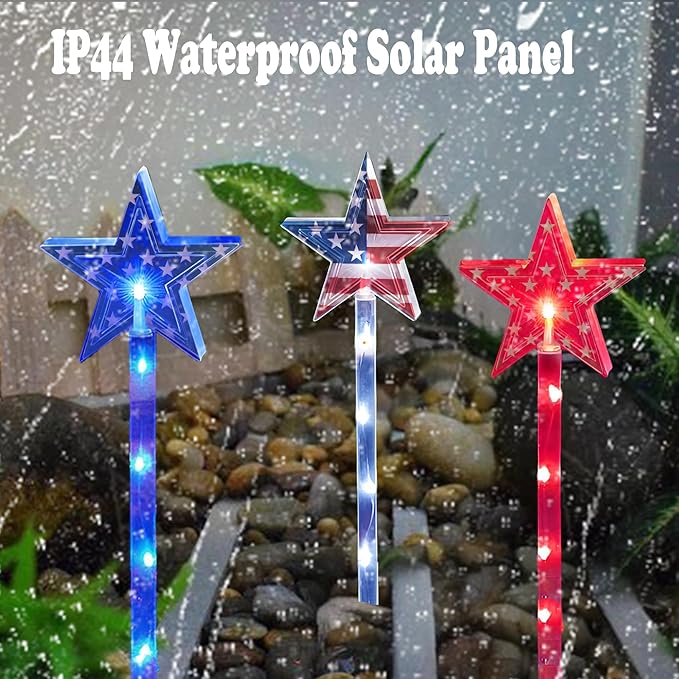 4th of July Decorations Outdoor Red White and Blue Pathway Lights, 6 Pack Flag Star Stake Lights for Independence Day Memorial Day Patriotic American Flag Decor Outside Landscape Garden Yard Lawn