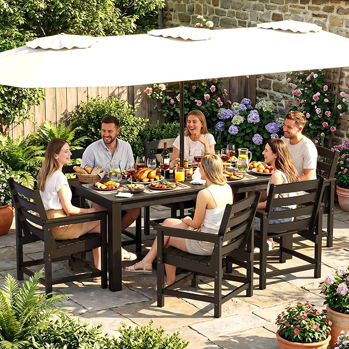 Outdoor HDPE Dining Table Set 7-Piece, All-Weather Outdoor Table and Chairs with Umbrella Hole Cut-Out, Patio Furniture for Garden, Backyard, Deck (Black)