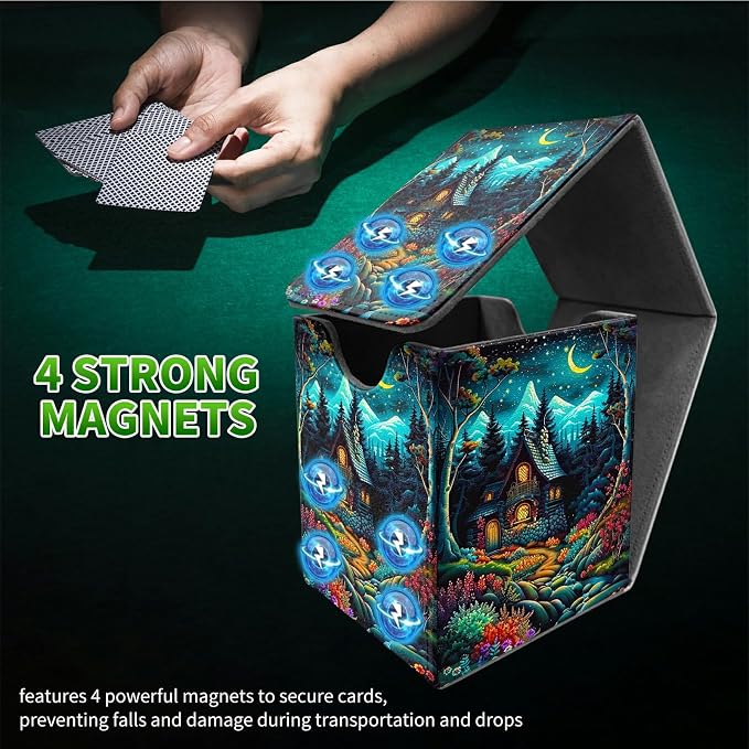 Deck Box for MTG, Cards Storage Box Fits 120+ Sleeved, Leather Medium Size Strong Magnetic Closing Card Case for Board Games Magic TCG CCG Baseball Collection, Creek Chateau