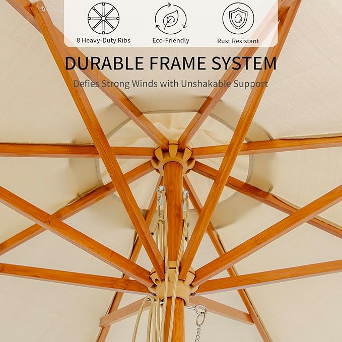 9FT/10FT Bamboo Patio Umbrella, Large Outdoor Umbrella with UPF 50+ Sun Protection, Rope Pulley Lift & Push-Button Tilt, 8-Rib Ventilated Canopy for Garden, Deck, Backyard & Outdoor Dining