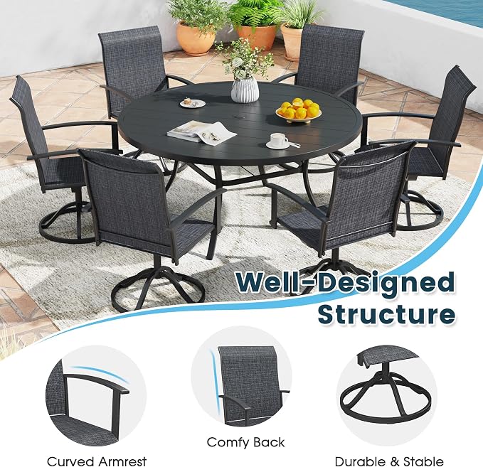 5 Pieces Outdoor Patio Dining Set, 40.6" All Weather Round Metal Table with Umbrella Hole and Storage Shelf, 4 High Back Textilene Swivel Chairs for Garden, Lawn, Black