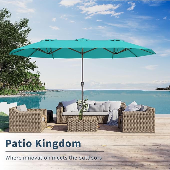 PatioKingdom 15FT Large Patio Umbrella with Base, Double Sided Rectangular Outdoor Umbrella with Sturdy Fiberglass Ribs, Market Umbrella for Pool,Garden,Backyard,Deck (Peacock Blue, 15FT)
