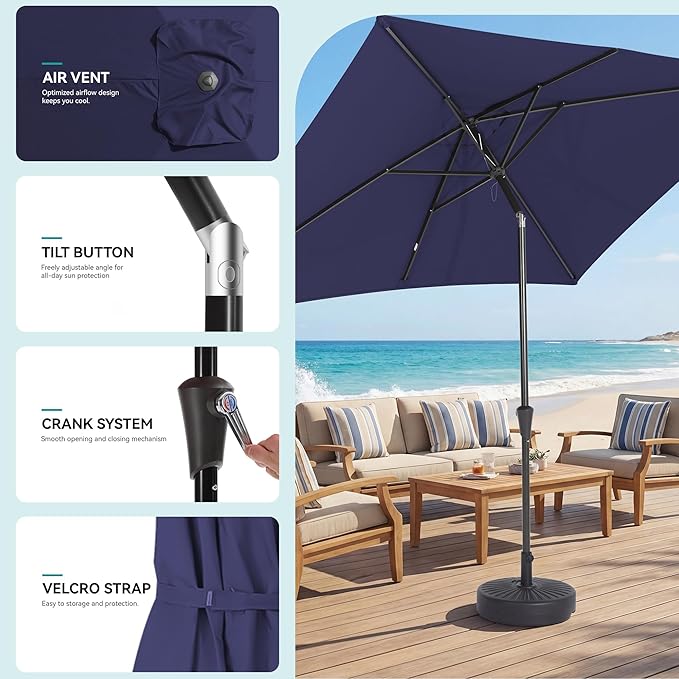 Rectangular Patio Umbrella, 6.5 x 10 ft Rectangle Table Umbrellas w/Heavy Duty Ribs, Effortless Crank and Push Button Tilt, Wind Resistant Sun Umbrella for Outdoor Patio, Navy Blue
