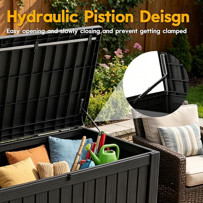 LAUSAINT HOME 150 Gallon Resin Deck Box with Hydraulic Pistons, Extra Large Waterproof Outdoor Storage Bench for Large Cushions, Heavy Duty Seating, Lockable Patio Bin for Pool and Garden (Black)