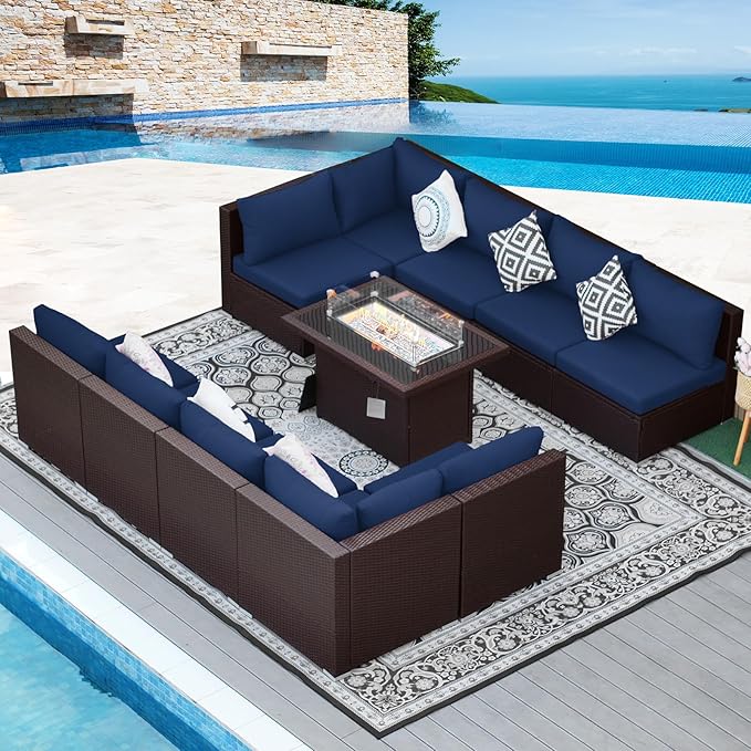 NICESOUL 11 Piece Outdoor Furniture Set with Fireplace Propane/Natural Gas, Luxury Patio Sectional 10-Person, 29.3'' High-Back Backyard Seating Area, All-Weather Rattan Couch Sofa, Brown & Blue