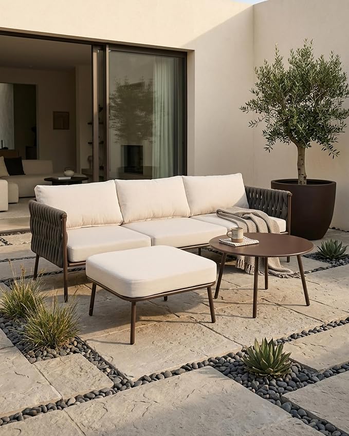 3 Piece Patio Furniture Set, Woven Rope Outdoor Sectional Sofa with Ottoman & Round Table, Deep Seating Patio Conversation Sets with Oversized 3-Seater Couch & Beige Washable Cushions