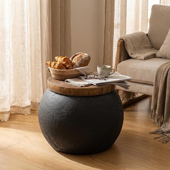 HOMPUS Outdoor Concrete Side Table Set of 2, 2 Pieces Jar Shaped Round Coffee Table, Outdoor Accent Table Modern Patio End Table Sets for Garden, Paito, Living Room