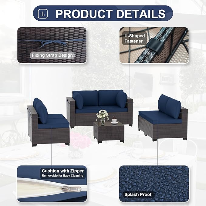 Patio Furniture Set 7PCS Outdoor Furniture for Backyard Sectional Sofa Set, Rattan Wicker Patio Conversation Set with 4 Inch Thickened Cushions and Glass Coffee Table, Navy Blue