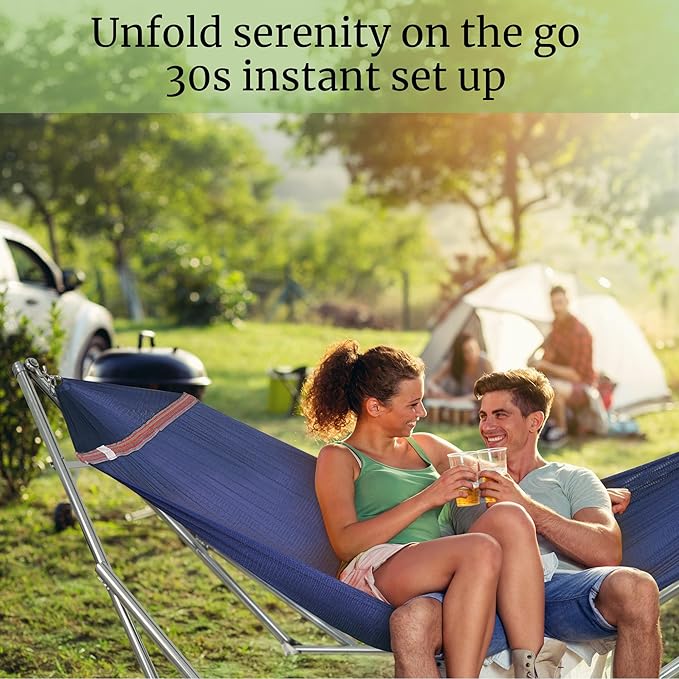 Tranquillo Double Hammock with Stand 650lb Capacity Double Hammock with Spreader Bar, Solid Grade 201 Stainless Steel 30s Set Up, Sturdy Flexible Hammock Stand Portable, Outdoor Indoor, Aegean