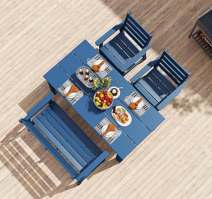 BRIOPAWS Outdoor-Dining-Table-Set | 4 Piece | HDPE | 1 Bench and 2 Chairs Sets for 4 | Patio Dinner Furniture | All Weather | Umbrella Hole | for Poolside Deck Backyard Outdoors | Blue