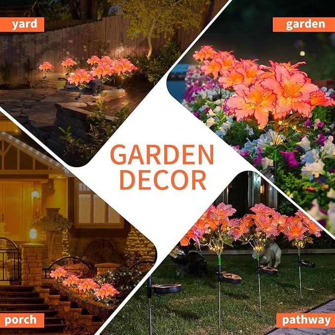 Neporal Solar Flowers Outdoor Waterproof Rhododendron，Garden Solar Lights Decorative 4PK 7-Stem, 2 Decor Lighting Modes, Solar Powered Garden Decor, Solar Yard Decor (Pink-2PK)
