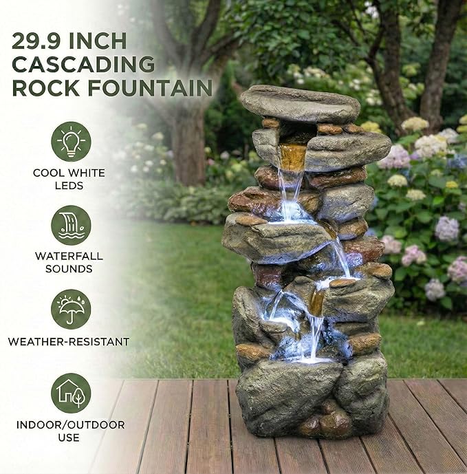 30" Tall Outdoor Water Fountain, Resin Garden Fountains with LED Lights, 4-Tier Cascading Waterfall Feature for Porch, Garden, Yard, Deck, Patio or Entryway Decor (Grey)