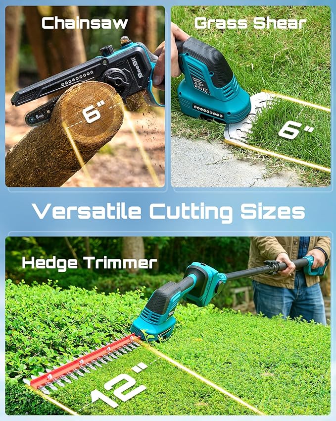 SEESII 6-in-1 Cordless Pole Saw & Hedge Trimmer Combo, Electric Mini Chainsaw with 2×4.0 Ah Batteries, Extendable Tree Pruner, Bush Trimmer Limb Branch Cutter, Grass Shears, 15Ft Long Reach
