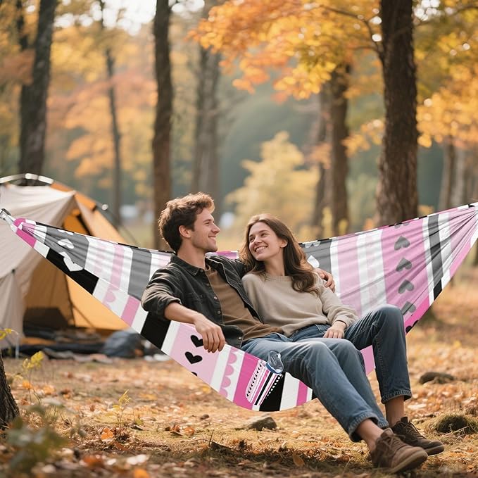 Black and Pink Valentine Heart Stripes 330lb Capacity Hammocks with Tree Straps Hanging Hammock for Outside Beach Patio Garden macas mexicanas de Patio para Adulto