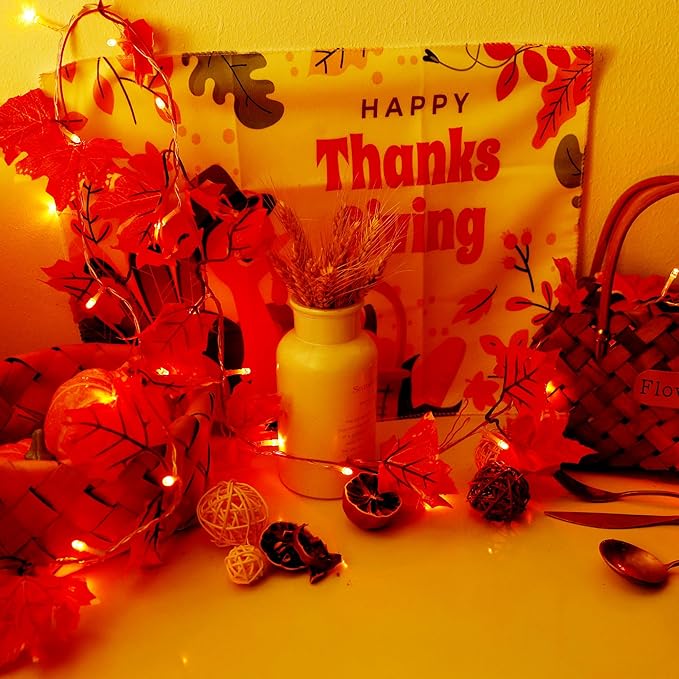 VCOKEN Thanksgiving Decorations Fall Garland with Lights, 24LED Battery Operated Thanksgiving Lights with Timer, Fall Decor for Home, Table, Mantle, Office, Outdoor, Autumn, Halloween, Yellow