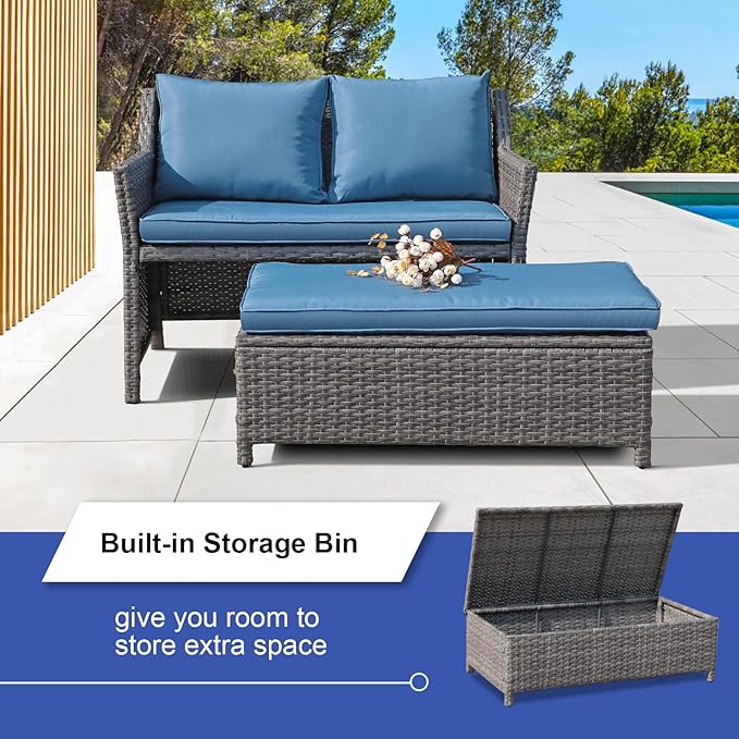 OC Orange-Casual 2-Piece Outdoor Patio Furniture Wicker Love-seat and Coffee Table Set, with Built-in Storage Bin, Grey Rattan, Navy Blue Cushions