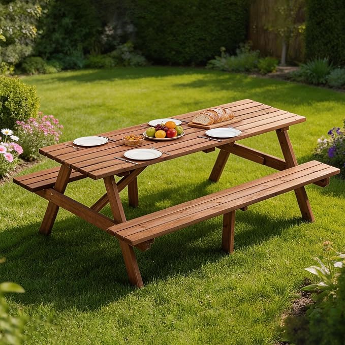 75'' Wooden Picnic Table,Outdoor Wooden Dining Rectangle Table w/Umbrella Hole,Picnic Table Bench Set for 6 or 8 Person, Natural for Camping, Garden & BBQ,Brown