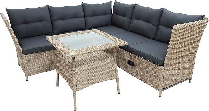 LUMISOL Outdoor Patio Furniture Set, 4 Piece Wicker Sectional Sofa Set, All Weather Patio Conversation Set with Tempered Glass Table for Backyard, Poolside, Gray