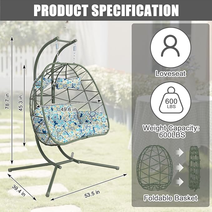 2 Person Double Hanging Egg Chair, Oversized Wicker Rattan Loveseat Swing Chair, Heavy Duty 600lbs Capacity, Foldable Basket Hammock Chair with Thick Cushion for Indoor Outdoor Patio Bedroom