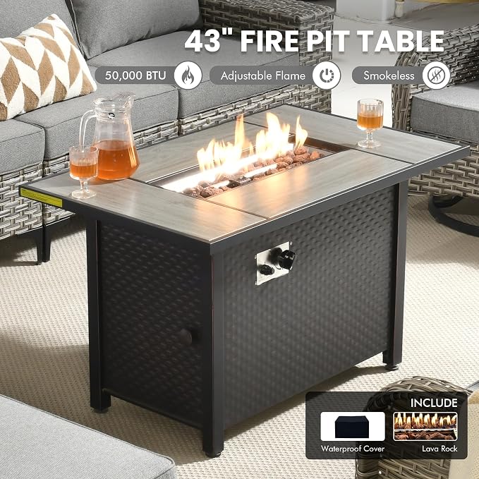 8 Pcs Patio Outdoor Furniture Set - All Weather Wicker Outdoor Sectional Sofa Couch with Swivel Fire Pit Table and Rocking Chairs e,Patio Rattan Conversation Set for Garden Deck Yard,Dark Grey