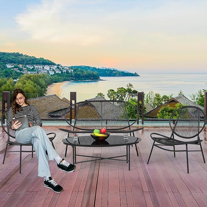 MoNiBloom 4 Pieces Outdoor Patio Furniture, All Weather PE Rattan Wicker Loveseat and Chairs Conversation Set with Steel Coffee Table for Garden Backyard Porch Balcony Poolside Deck Lawn