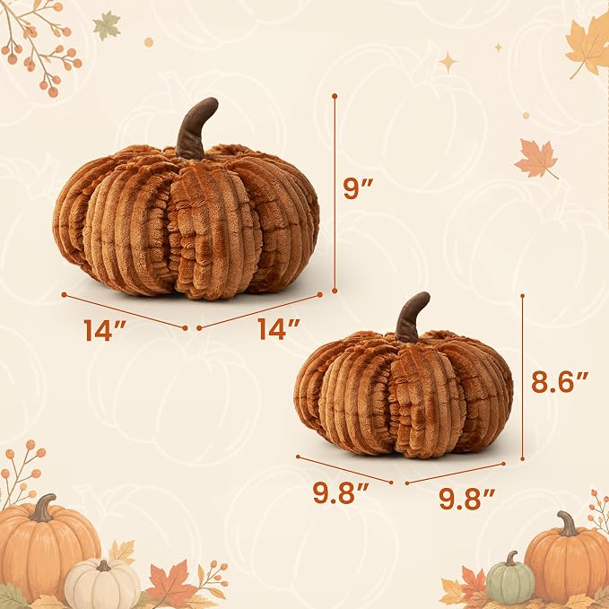 AELS Pumpkin Throw Pillows Set of 2, 14" & 10" Cinnamon Fall Pillows | for Couch Sofa Bed Living Room Home Decor, Farmhouse 3D Fall Halloween Thanksgiving Decorative Accent Pillows