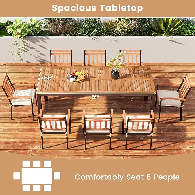RELAX4LIFE Patio Outdoor Dining Table for 8, 79’’ x 35.5’’ Acacia Wood Rectangular Table w/Slatted Top, Umbrella Hole & Metal Legs, Indoor Outdoor Picnic Bistro Table, 8-Person Patio Dining Table