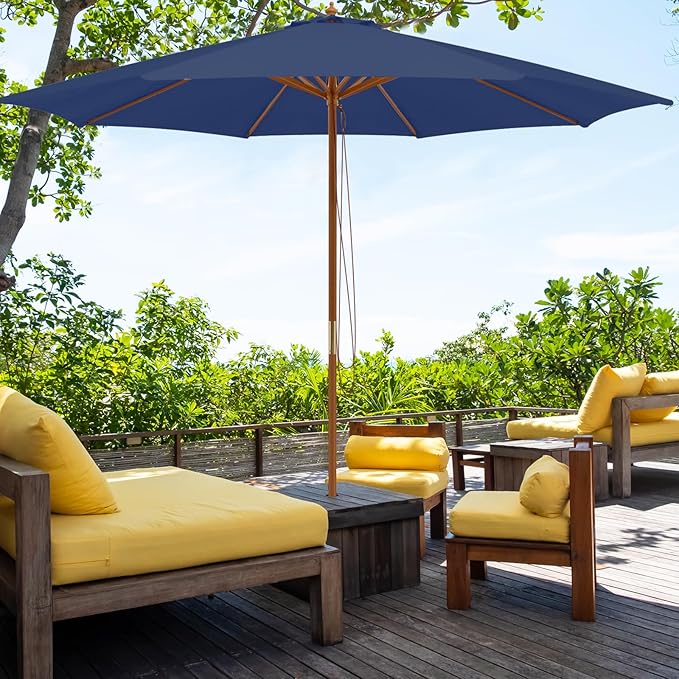 Tangkula 10FT Patio Umbrella, Outdoor Table Market Umbrella w/8 Wooden Ribs, 3 Adjustable Heights, Rope Pulley System, Detachable Pole, Wooden Patio Umbrella for Garden, Poolside, Backyard (Navy)