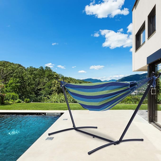 Double Classic Hammock with Stand for 2 Person- Indoor or Outdoor Use-with Carrying Pouch-Powder-Coated Steel Frame - Durable 450 Pound Capacity，Brown/Gray Striped (Blue and Green)