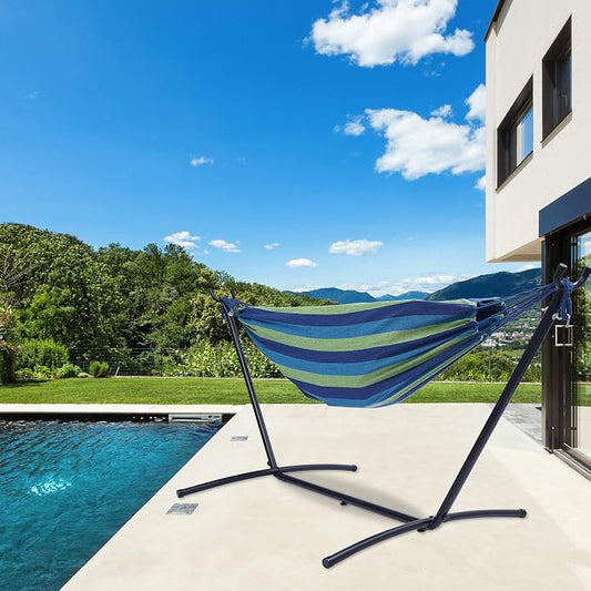 Double Classic Hammock with Stand for 2 Person- Indoor or Outdoor Use-with Carrying Pouch-Powder-Coated Steel Frame - Durable 450 Pound Capacity，Brown/Gray Striped (Blue and Green)