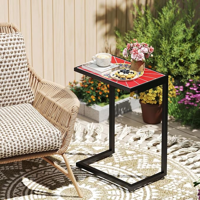 Tangkula C-Shaped Outdoor Side Table, w/Ceramic Top & Anti-Rust Metal Frame, Small Patio End Table for Couch, Sofa & Bed, Outdoor & Indoor Accent Furniture for Living Room, Poolside, Balcony (2, Red)