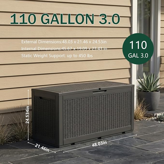 Outdoor Storage Box, 110 Gallon Waterproof Deck Box [Upgraded 3.0], Auto-Open Gas Struts Resin Organizer for Lounger Pillows, Secure Lockable Backyard Storage Bench, Poolside Deck, Black