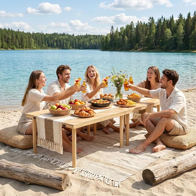 60" x 30" Folding Picnic Table with Table Runner,Upgraded 8-Legs, Extra Stable Boho Low Wood Table, Portable Large Picnic Table for Floor Seating, Adjustable Height for Beach, Wedding, Party