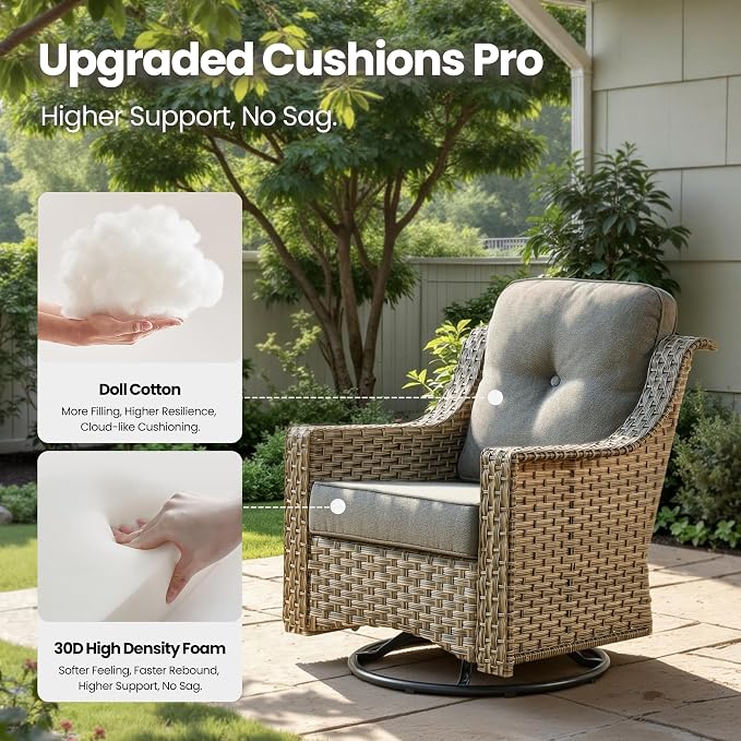6 Piece Patio Furniture Set with Swivel Rocker Chairs, Outdoor Wicker High Back Sofa Glider Chair Ottoman with Cushion, All Weather Conversation Sets for Backyard Poolside Deck Dark Gray