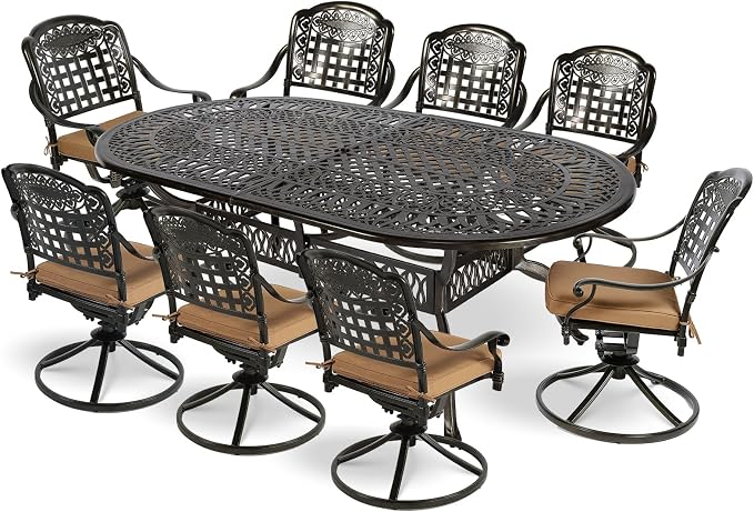 MEETWARM 9-Piece Outdoor Patio Dining Set, All-Weather Cast Aluminum Patio Conversation Set with 8 Cushioned Swivel Rocker Chairs for Backyard Garden Deck, 1 Oval Table, 2" Umbrella Hole