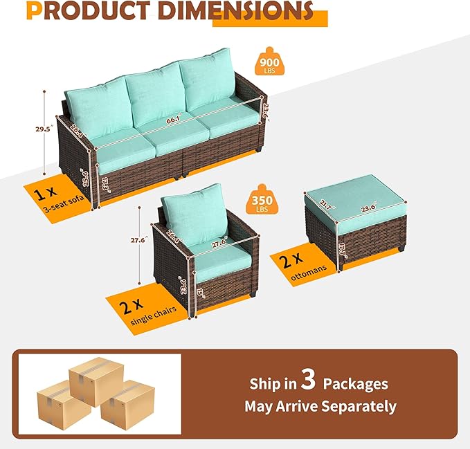 UDPATIO Patio Furniture Set, 5 Pieces Outdoor Sectional Sofa Set, All-Weather Wicker Rattan High Back Patio Conversation Set with Ottoman for Poolside, Backyard, 4" Thick Cushions, Light Blue