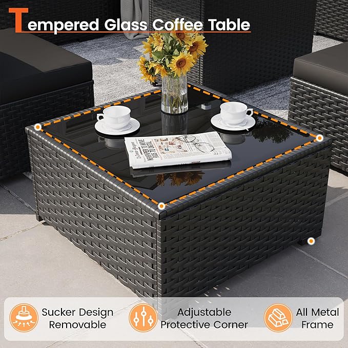 8 Piece Patio Furniture Set with 43" Fire Pit Table, Outdoor Sectional Wicker Rattan Sofa Set with Coffee Table (Black/Black)