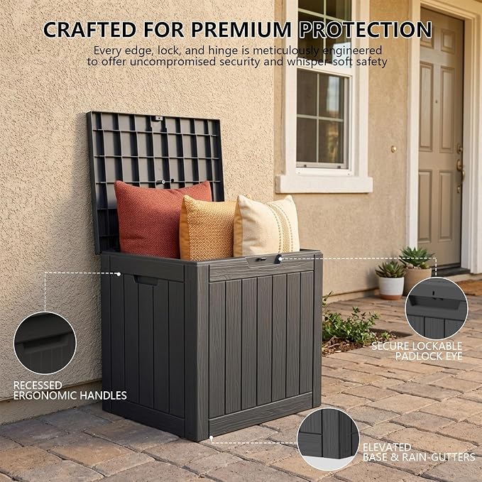 Outdoor Storage Box, 35 Gallon Waterproof Deck Box [Upgraded 3.0], Quick Snap-Lock Resin Cabinet for Seat Pillows, Patio Blankets, Lockable End Table Beverage Stand, Apartment Deck, Black