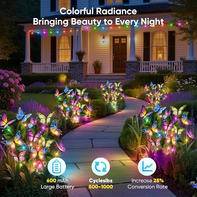Solar Lights Outdoor Garden Decor: 8 Pack 136 Silk Butterflies with 176 Color-Changing LEDs - Auto On/Off 12H Magical Lighting IP65 Waterproof for Yard Patio Pathway - Unique Gifts for Mom Grandma