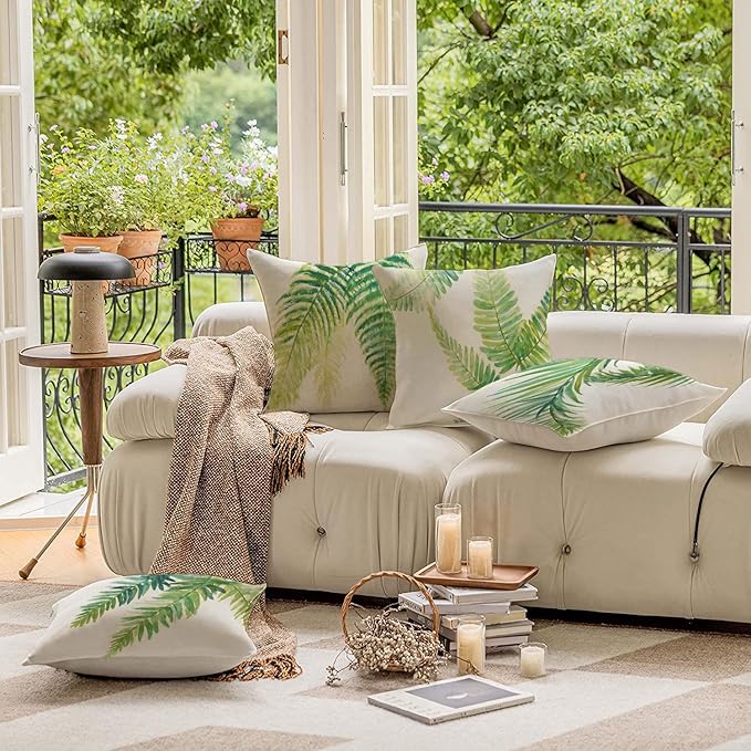 HUASHUZI Green Outdoor Pillow Covers Leaf Plant Throw Pillow Case Outdoor Waterproof Tropical Garden Cushions 18x18 Inch Set of 4 Patio Furniture Pillows Decorative for Home Sofa Couch