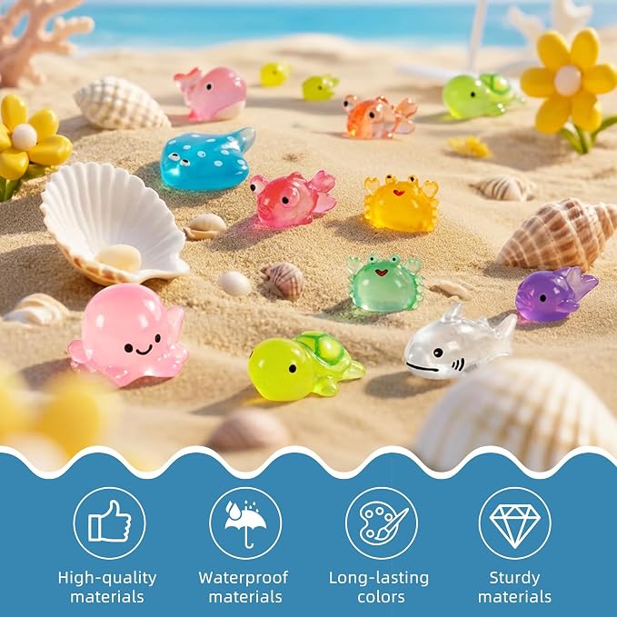 FEXIA 50 Pcs Ocean Mini Resin Animals Tiny Aquariums Decor Glow in The Dark Resin Figures Luminous for Garden Landscape Sea Decor DIY
