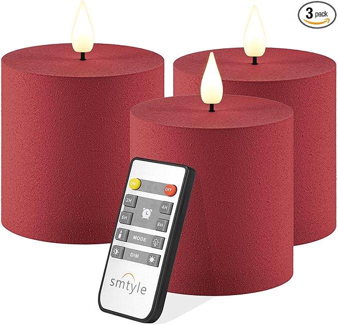 smtyle Christmas Red Flameless Plastic Pillar Candles 3x3 Vintage Color with Battery Operated Fake Flickering Candles Smart Remote - Perfect for Rustic Farmhouse Table Decorations & Indoor Room