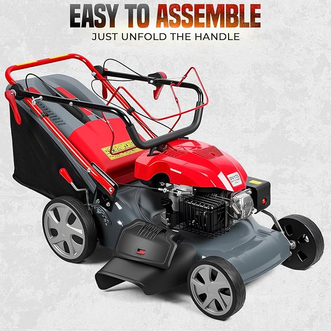 3-in-1 Gas Lawn Mower, 173CC Self Propelled Lawn Mower with 60L Grass Bag, 20" Cutting Deck, Adjustable Cutting Height Foldable Clearance Lawns Mowers Cordless for Yard & Garden Care 2800rpm Red