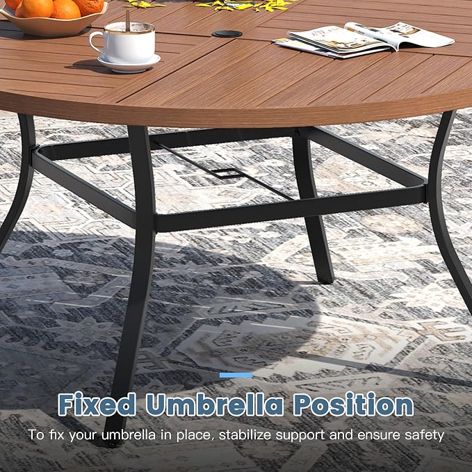 DIFY 9 Piece Outdoor Dining Set for 8, 53.1" Walnut Round Metal Dining Table with Umbrella Hole and Stackable Wicker Patio Chairs, All-Weather Patio Table and Chairs Set for Deck Garden Backyard
